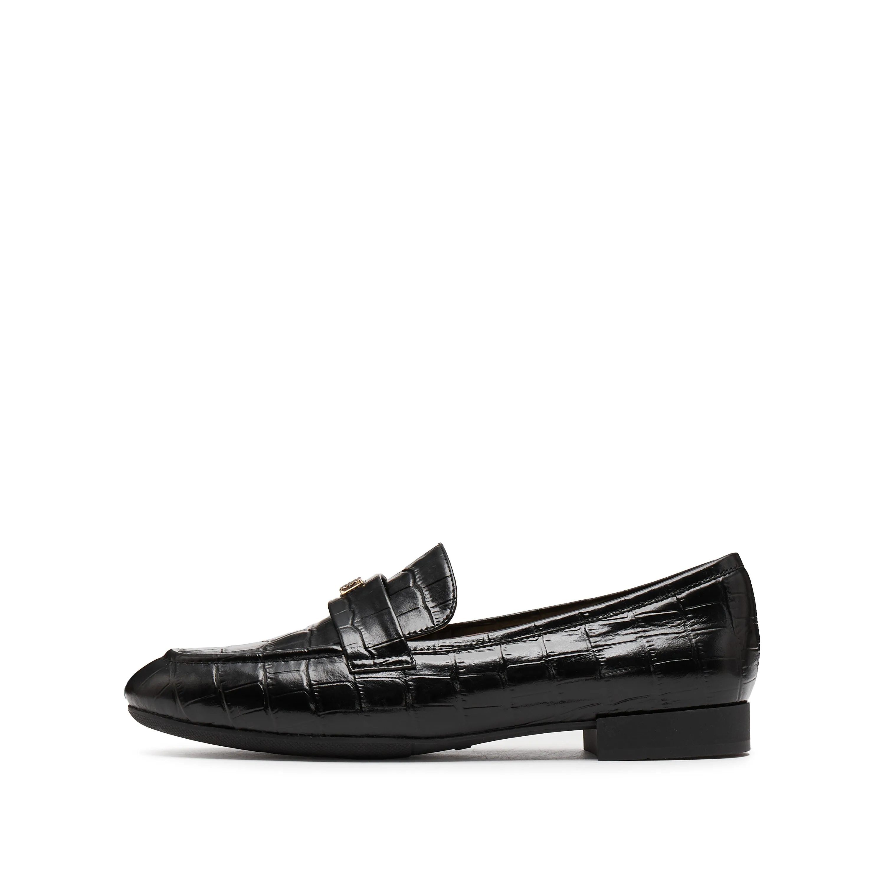 Black Embossed Minimal Loafers With Golden Square