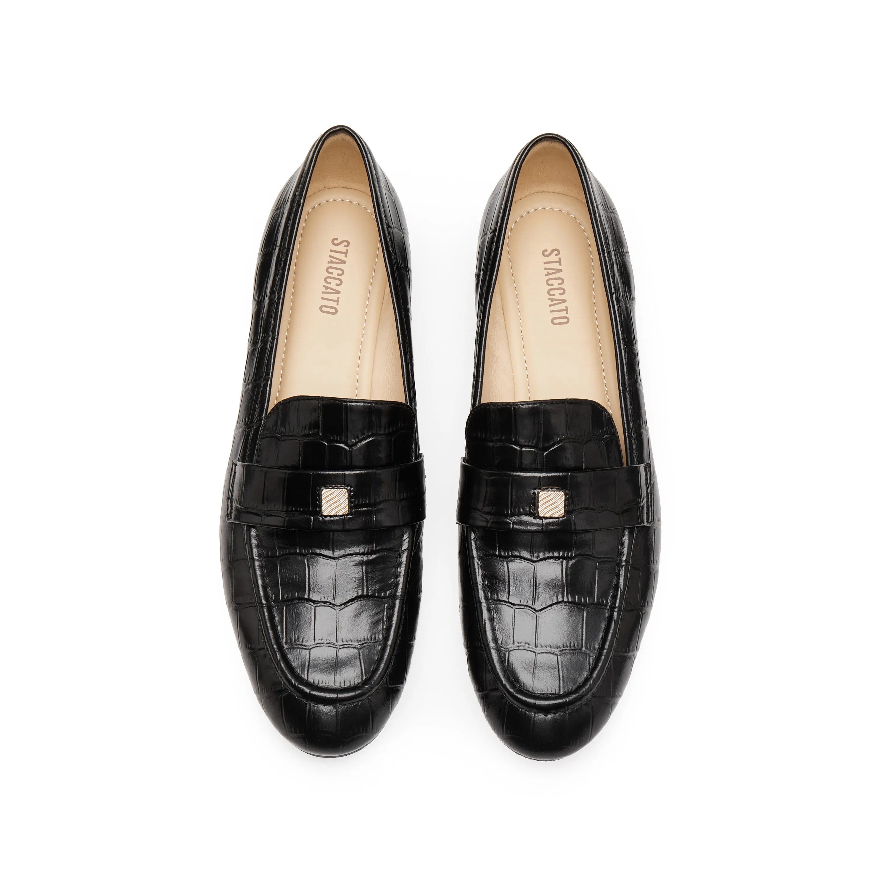 Black Embossed Minimal Loafers With Golden Square