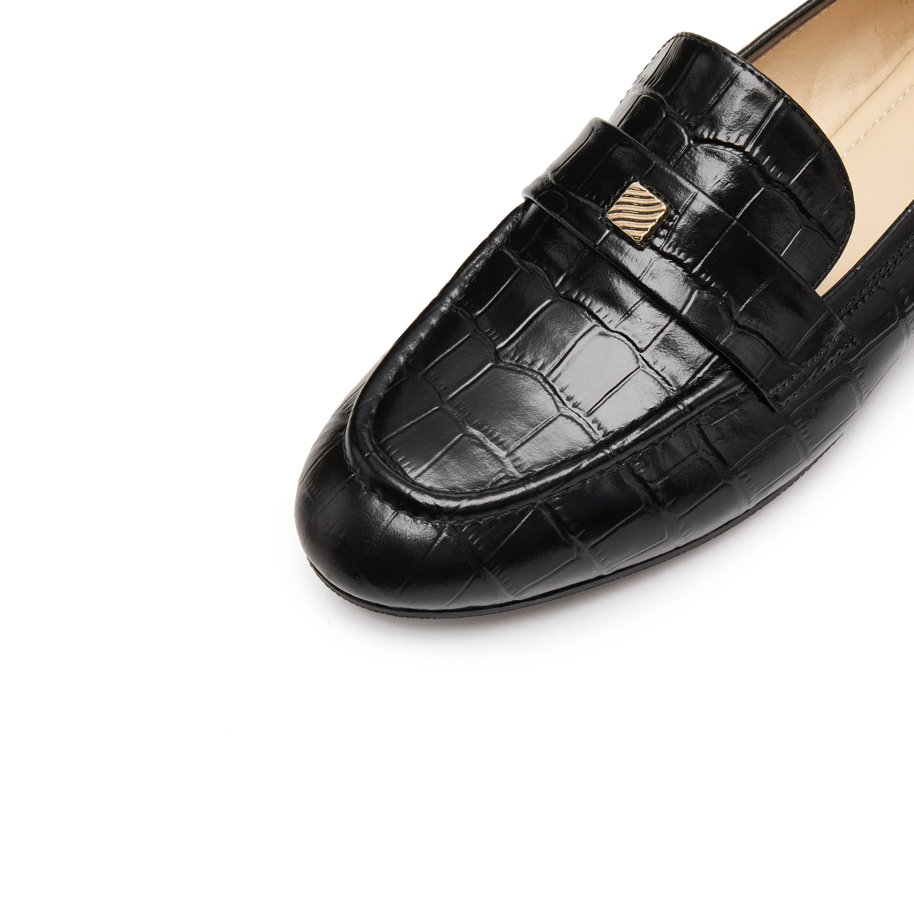 Black Embossed Minimal Loafers With Golden Square