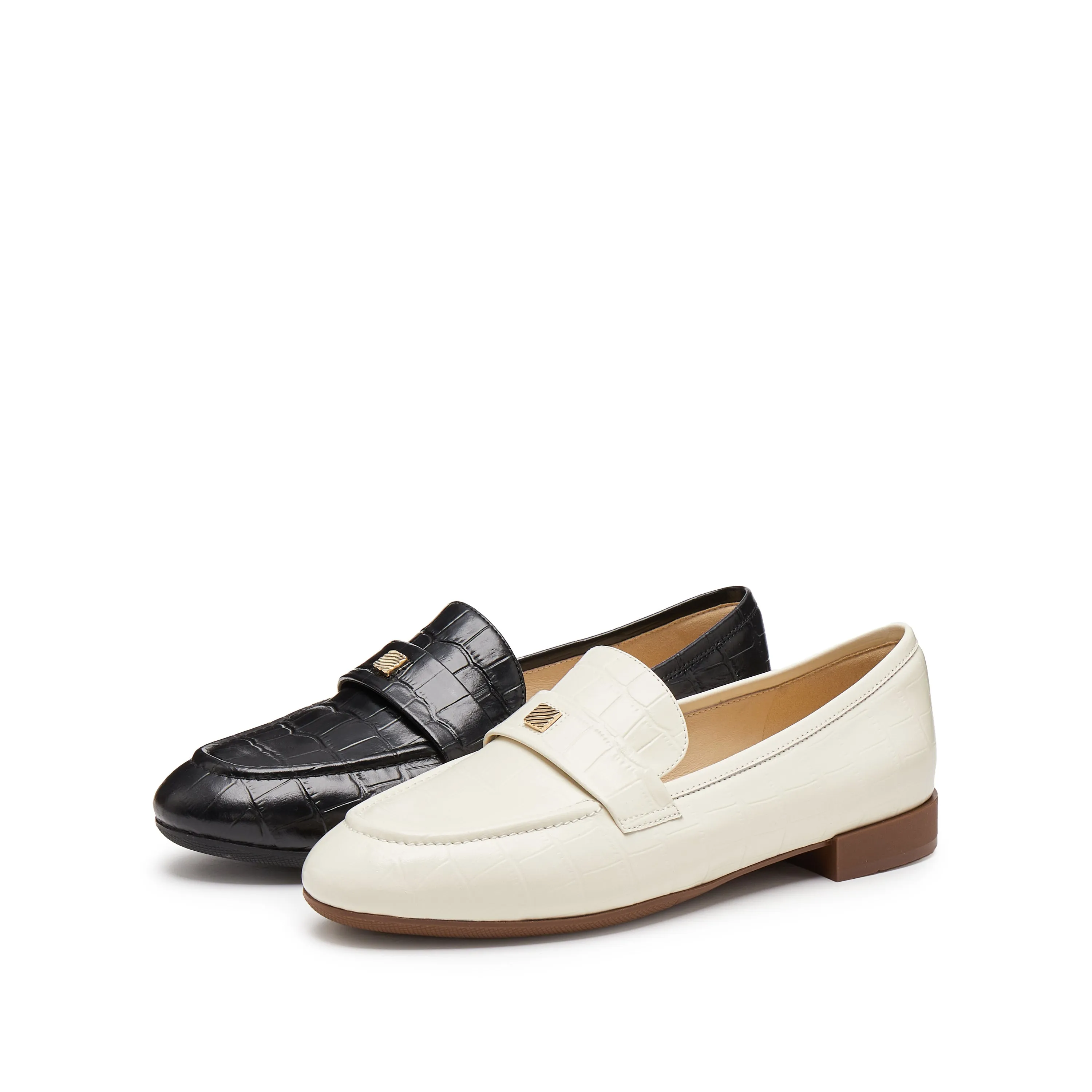 Black Embossed Minimal Loafers With Golden Square