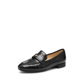 Black Embossed Minimal Loafers With Golden Square