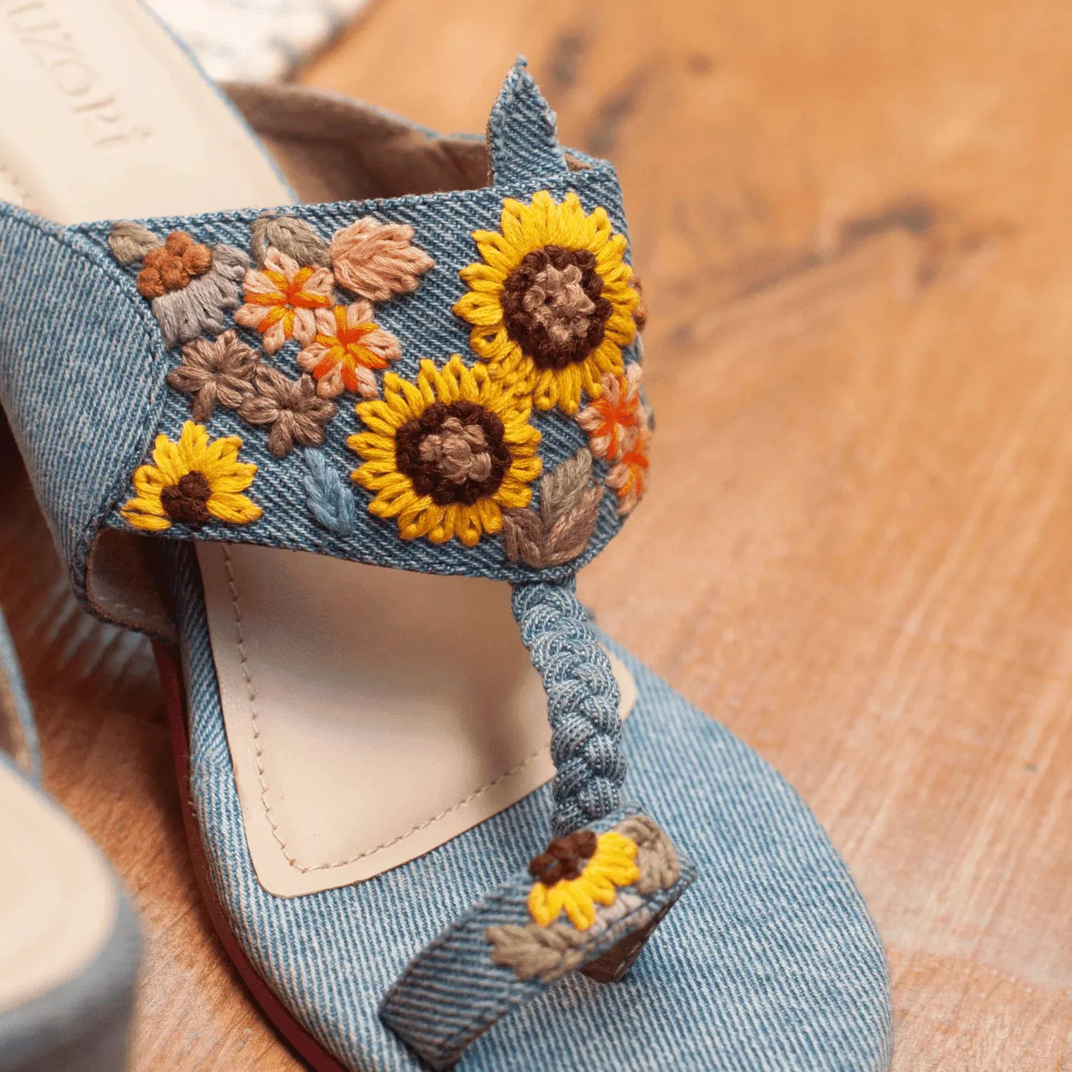 Denim Embroidered Kolhapuri Heels