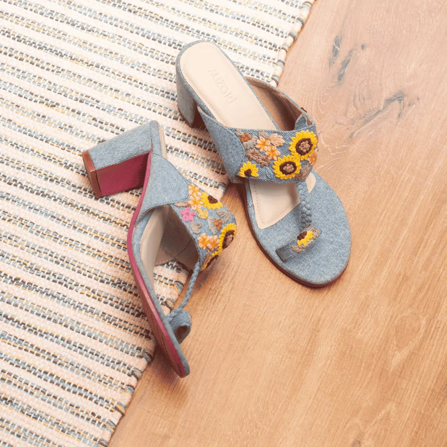 Denim Embroidered Kolhapuri Heels