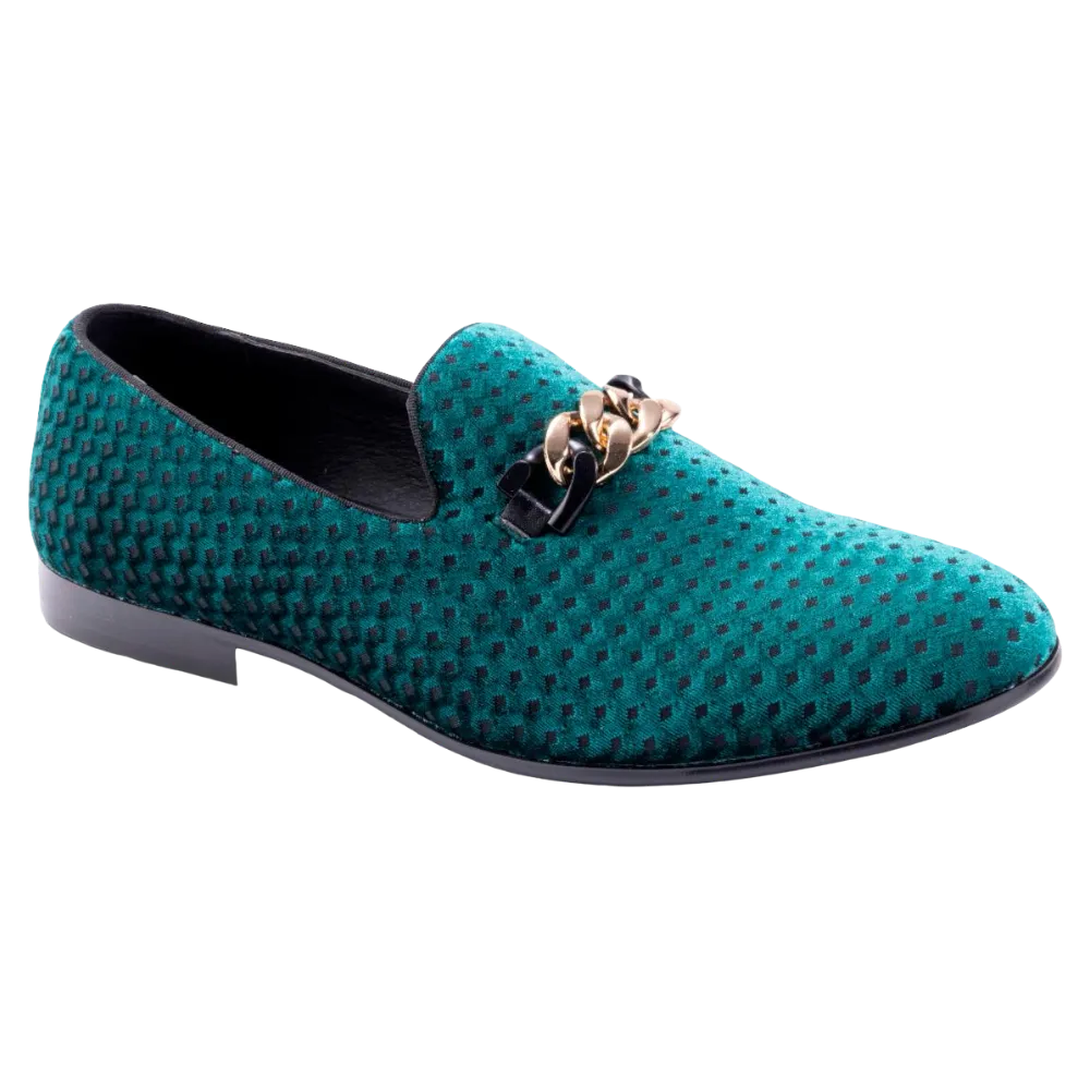 Men's Emerald Green Velvet Material Slip-on Shoe Gold Chain Luxury Loafer