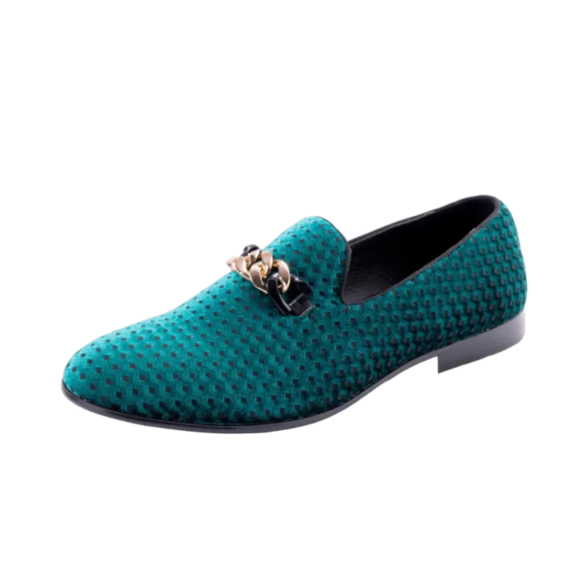 Men's Emerald Green Velvet Material Slip-on Shoe Gold Chain Luxury Loafer