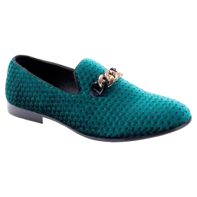 Men's Emerald Green Velvet Material Slip-on Shoe Gold Chain Luxury Loafer