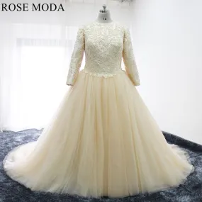 Rosemoda Plus Size Champagne Long Sleeve Muslim Ball Gown Wedding Dress