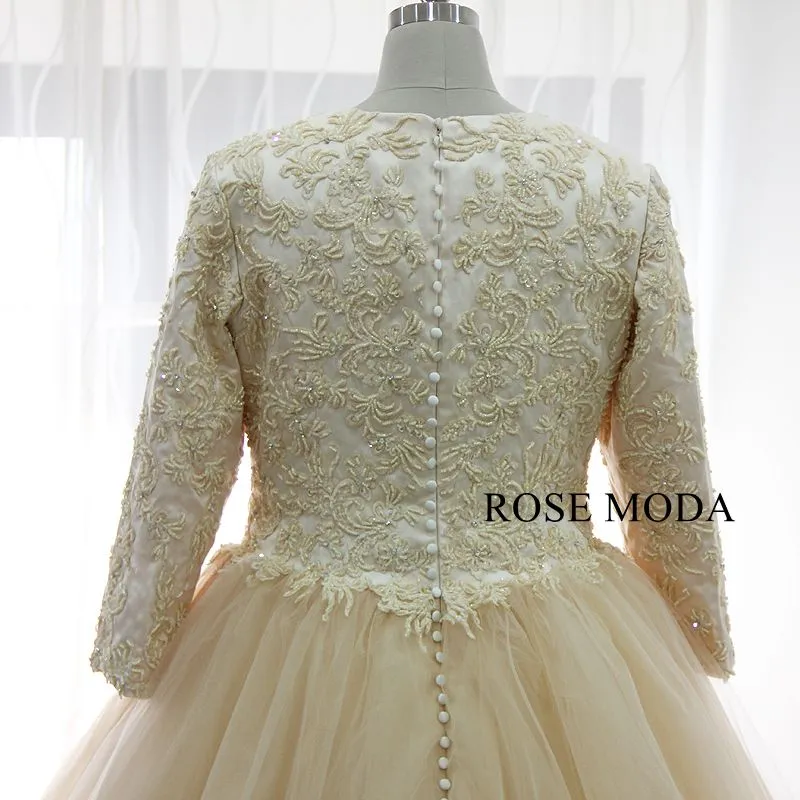 Rosemoda Plus Size Champagne Long Sleeve Muslim Ball Gown Wedding Dress