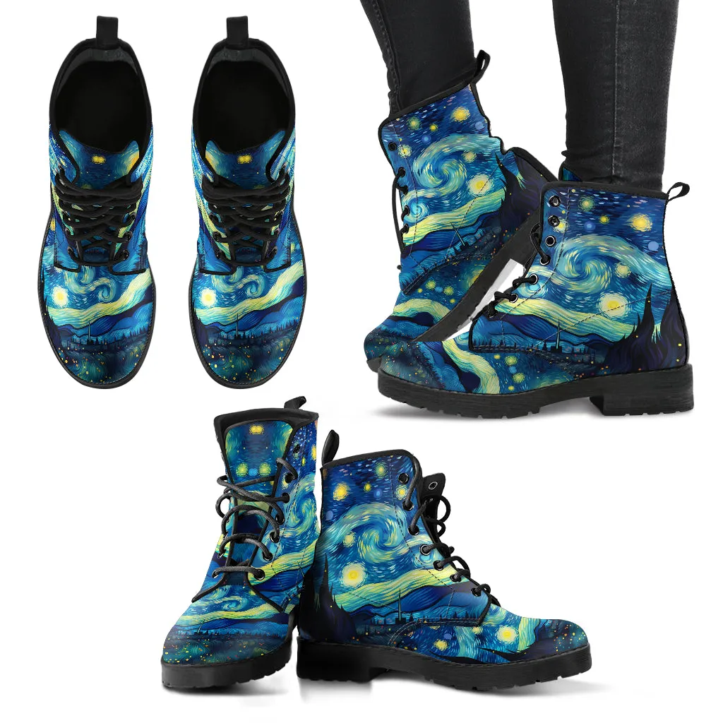 Van Gogh Galaxy Star Women's Vegan Leather Combat Boots