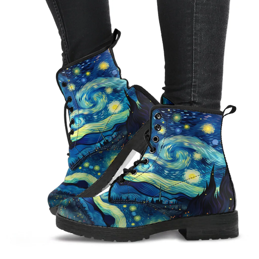 Van Gogh Galaxy Star Women's Vegan Leather Combat Boots